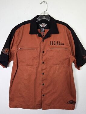 Harley-Davidson 2009 Orange & Black Short Sleeve Zipper Packets Shirt Size L